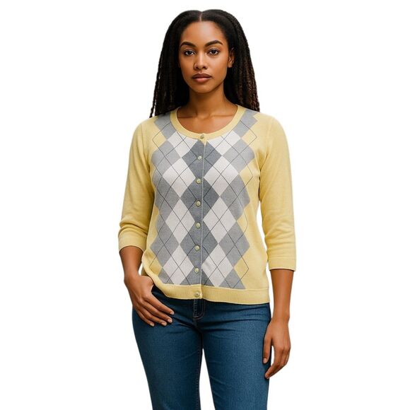 Talbots Argyle Cardigan Sweater Medium, Yellow/Gray Pattern - Picture 1 of 7